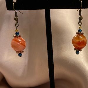 Translucent Orange Agate Earrings with Blue Crystal Accents